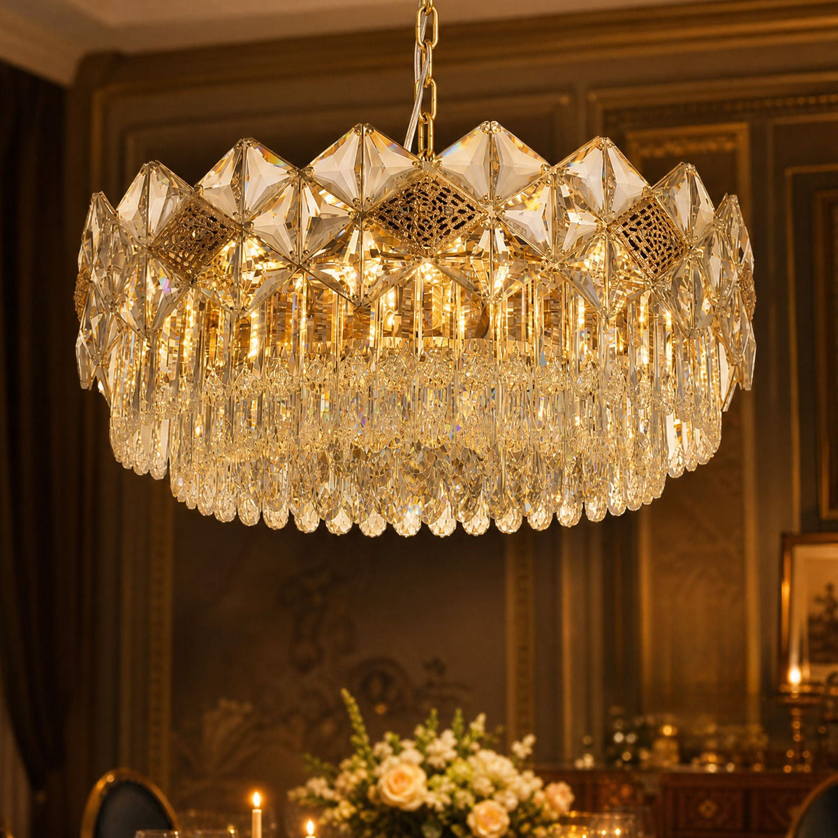 Aureme Pleated Glass Chandelier illuminated — warm golden glow through layered glass, showcasing its luxurious radiance and craftsmanship | Carra Home