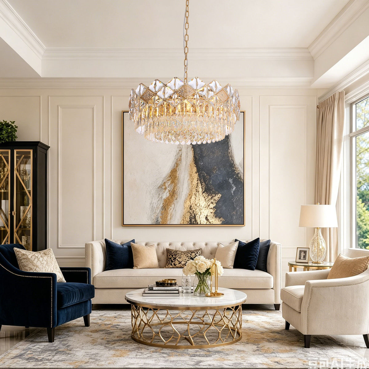 Aureme Chandelier in a bright living room — cream sofa, navy accent chairs, gold side table, and large abstract art under soft natural light | Carra Home