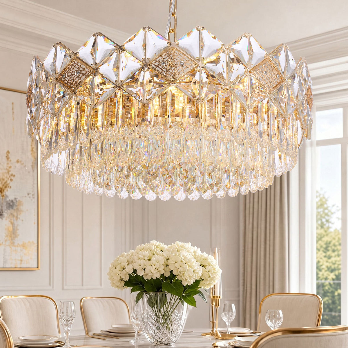 Aureme Pleated Glass Chandelier illuminated — warm golden glow through layered glass, showcasing its luxurious radiance and craftsmanship | Carra Home