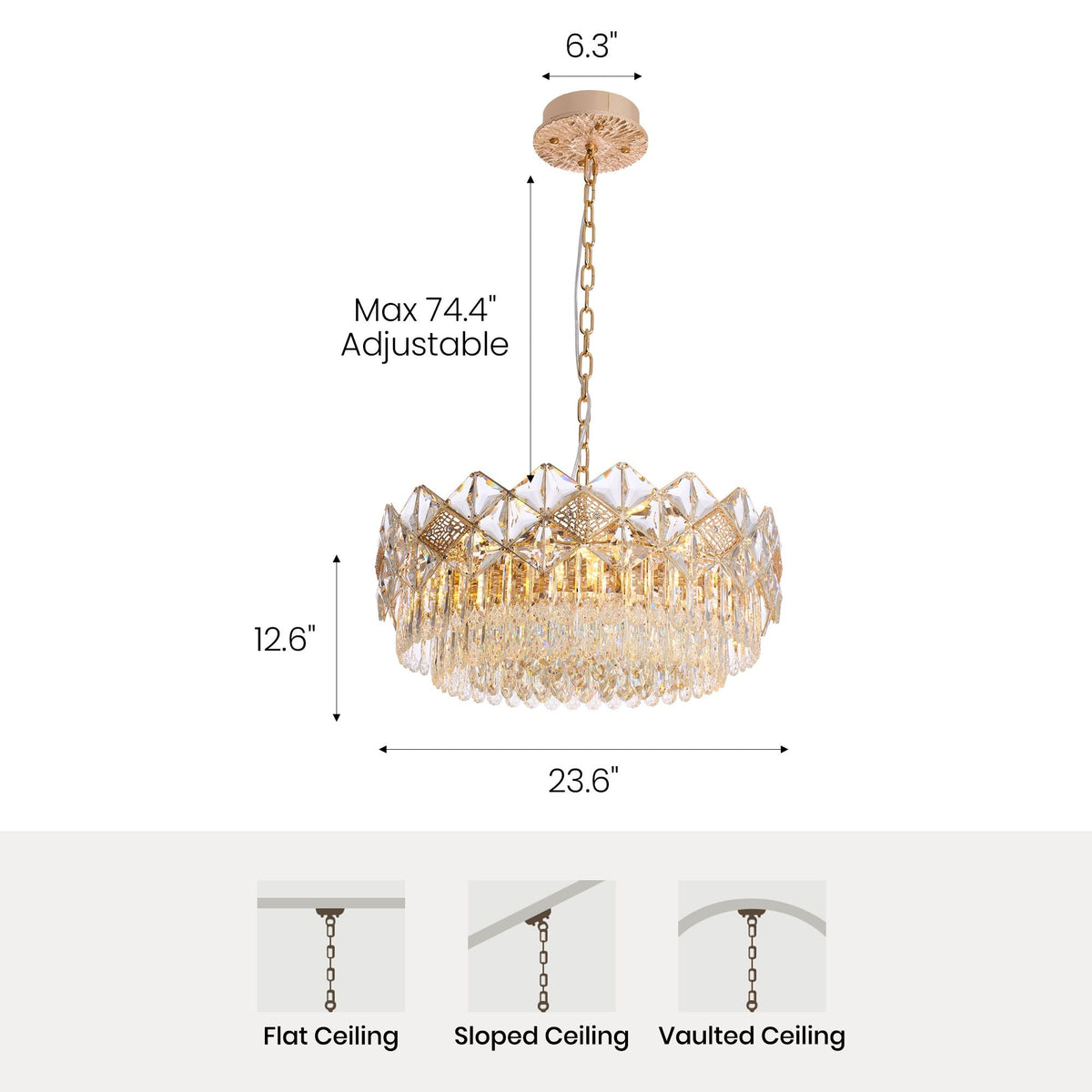 Aureme Chandelier dimensions — Diameter 23.6", Height 12.6" (adjustable up to 74.4"), suitable for flat, sloped, and vaulted ceilings | Carra Home