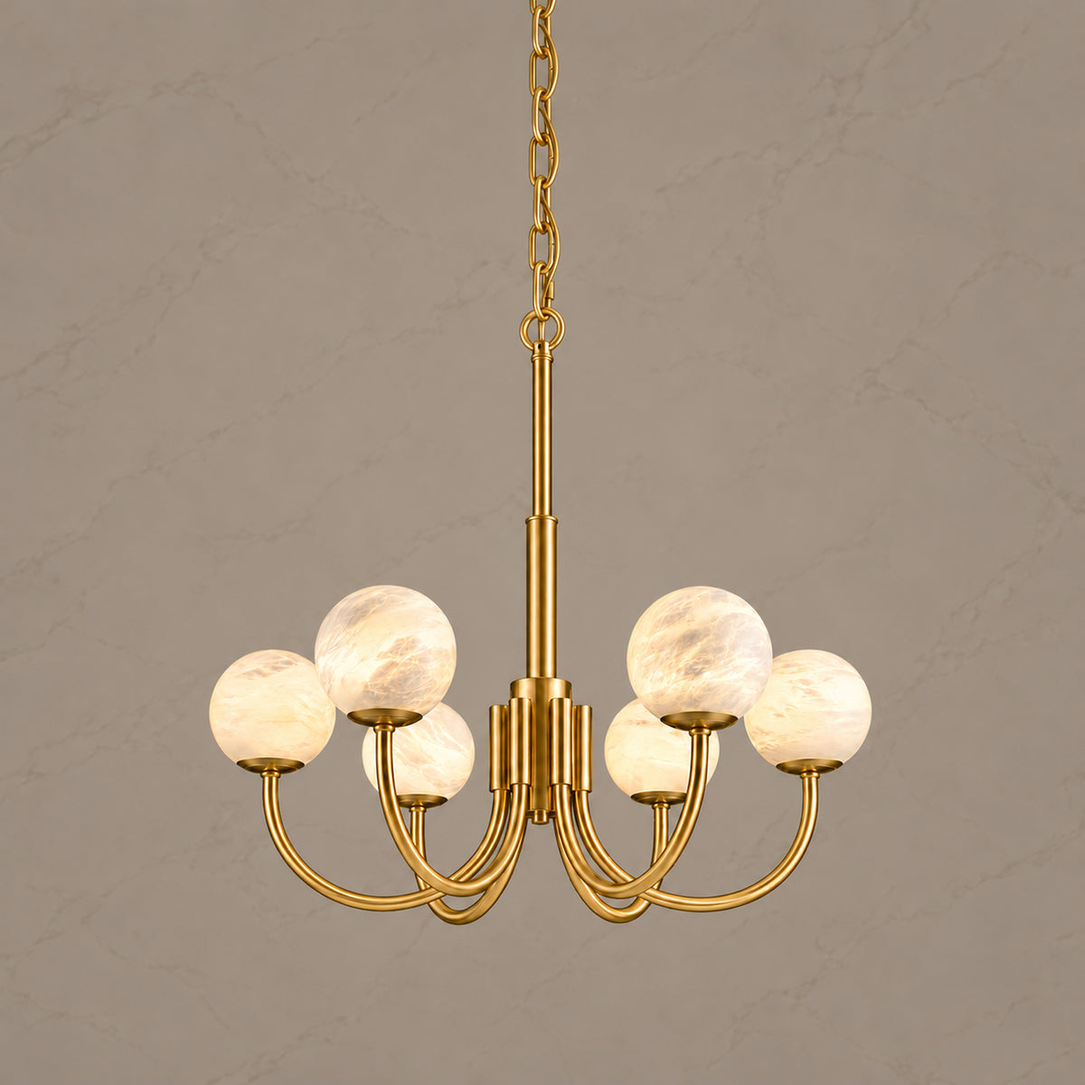 Aurin Alabaster Globe Chandelier 6 heads, brass, light on | CARRA HOME