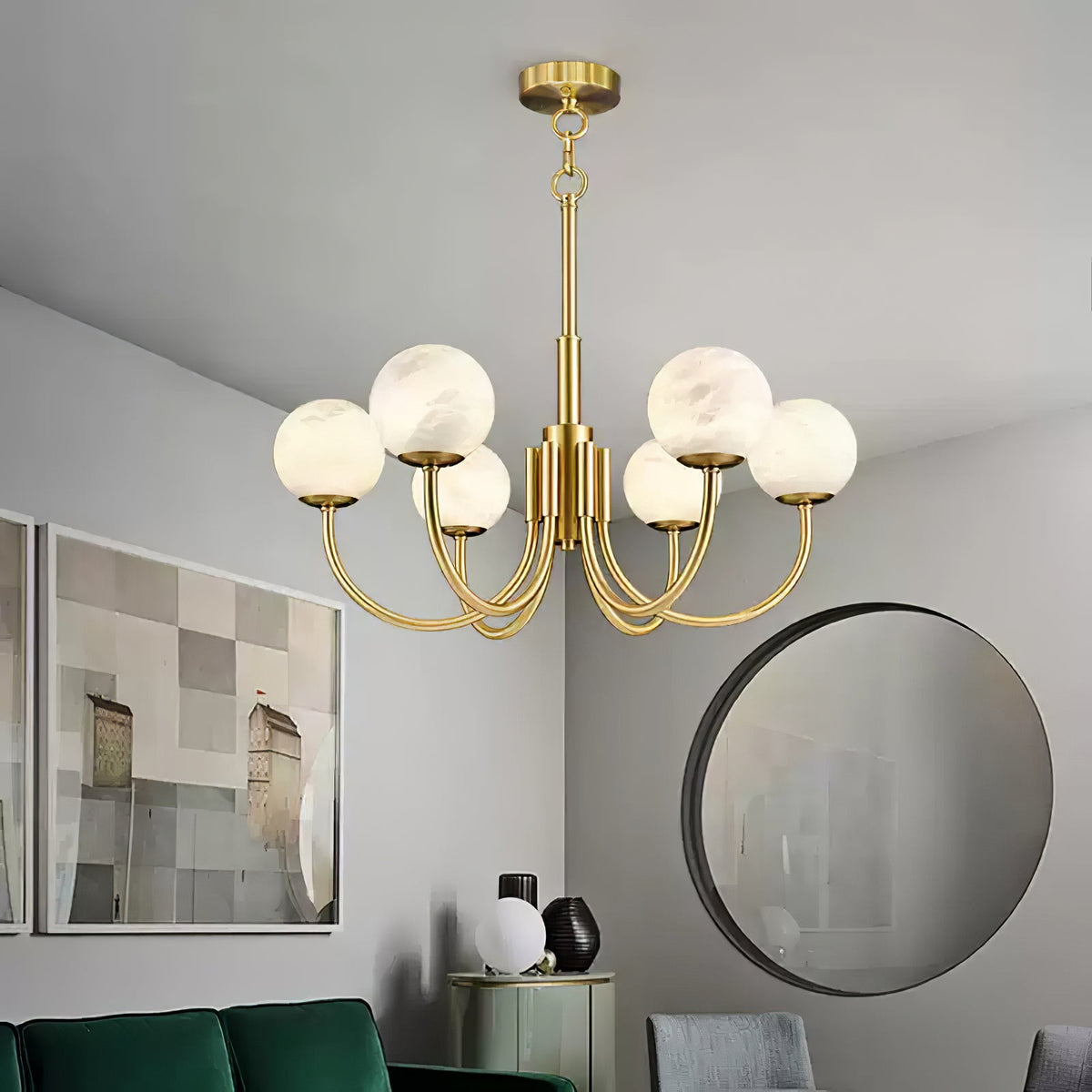 Gold alabaster globe chandelier in a reading room | CARRA HOME