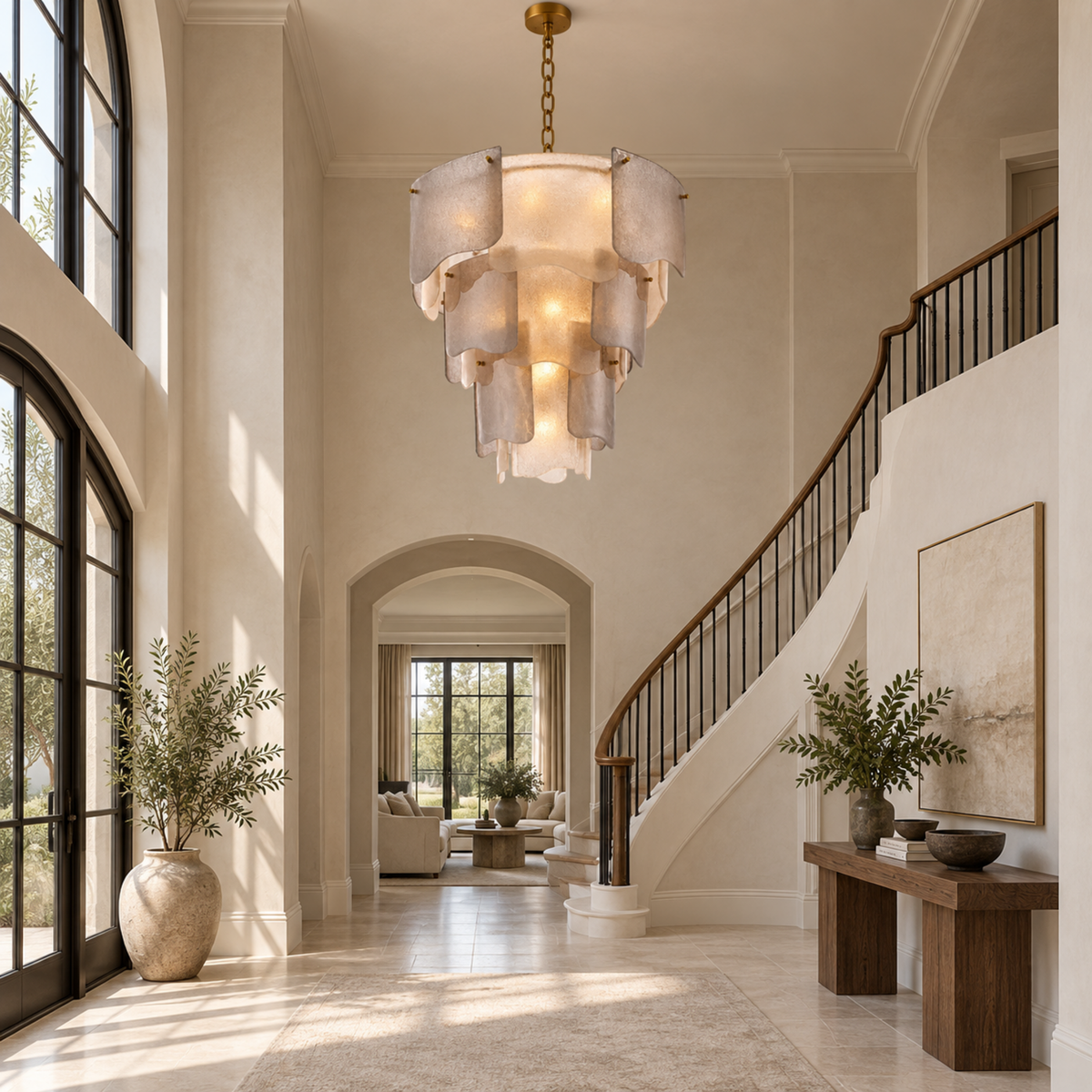 Aurora seeded glass tiered chandelier in a double height foyer | CARRA HOME