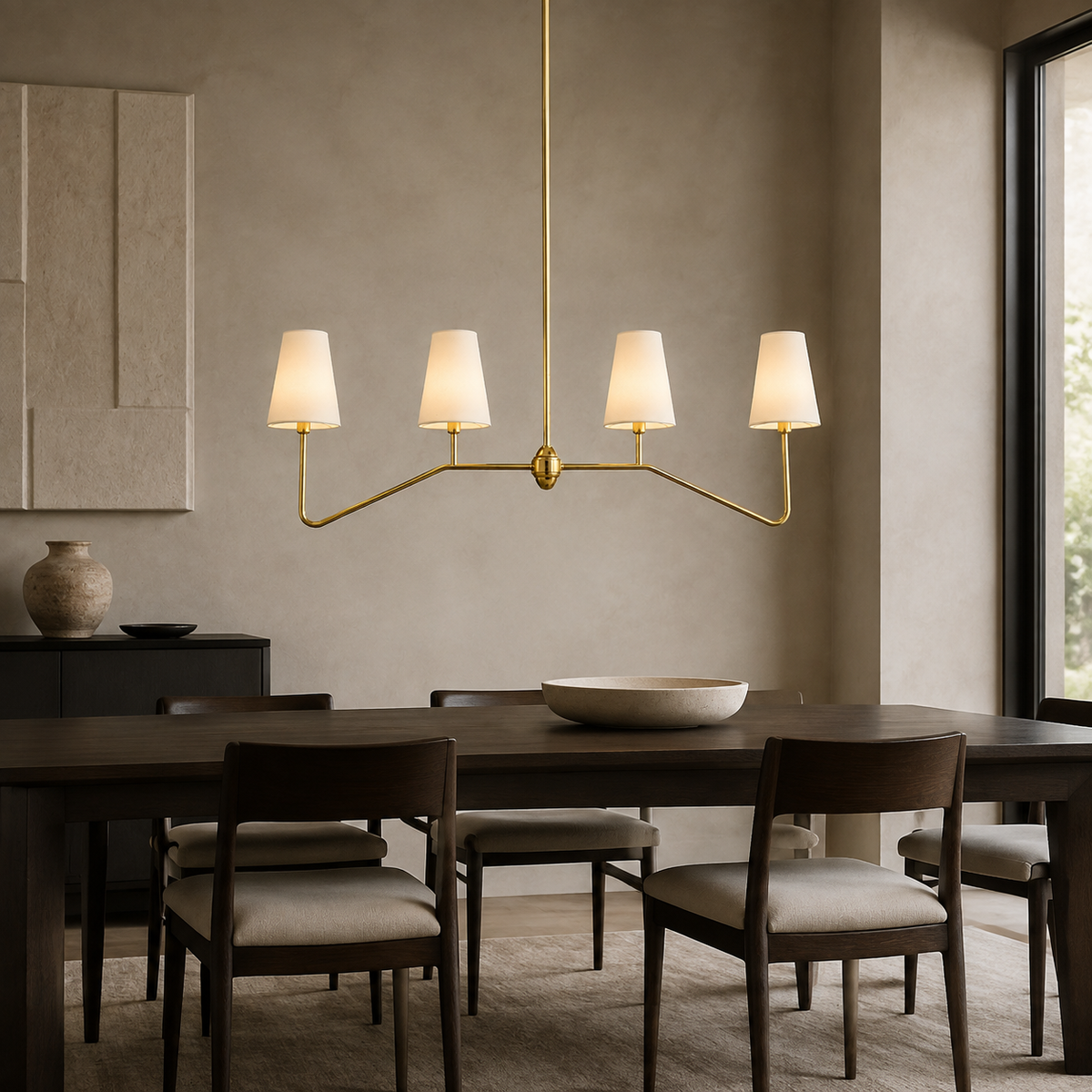 Berkshire Metal Linear Pendant above a walnut dining table