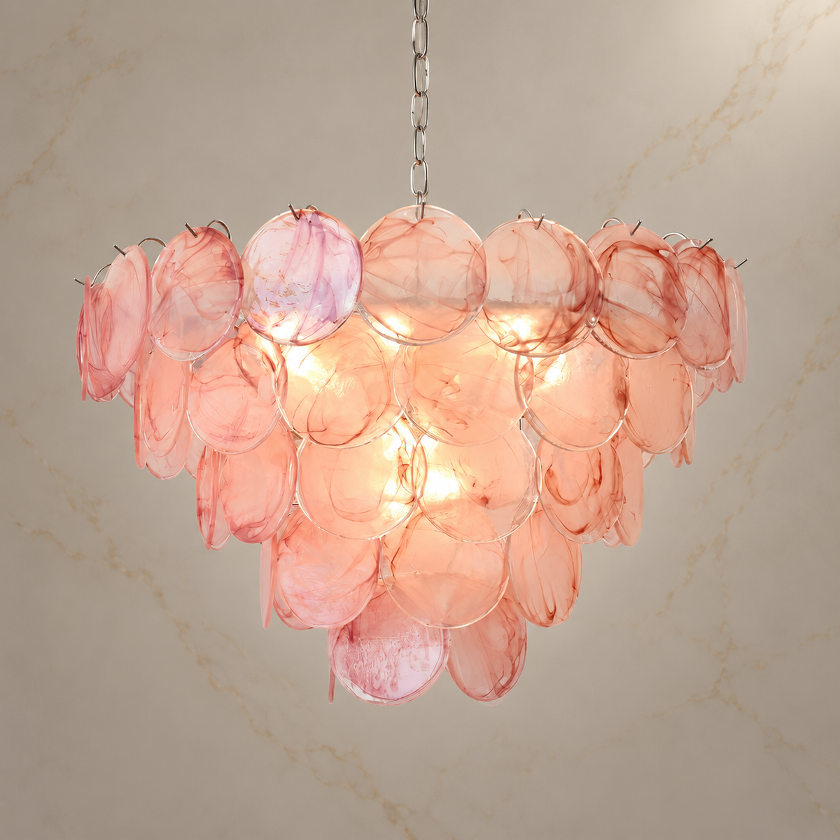 blush glass disc cluster chandelier chrome 80x53cm light on