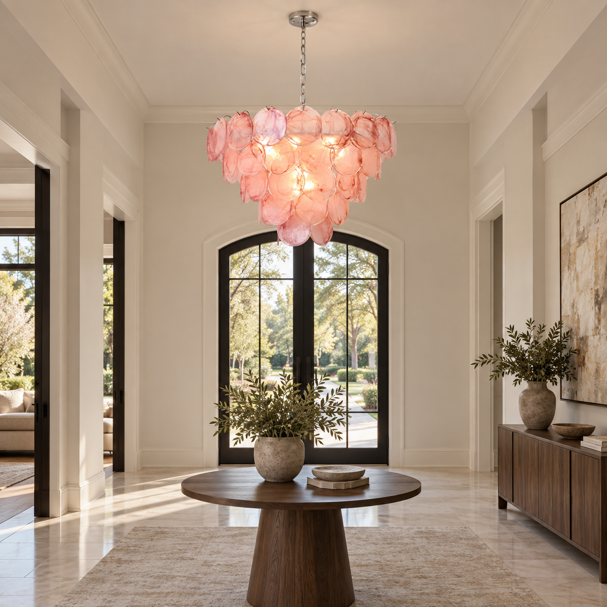 blush glass disc cluster chandelier foyer scene