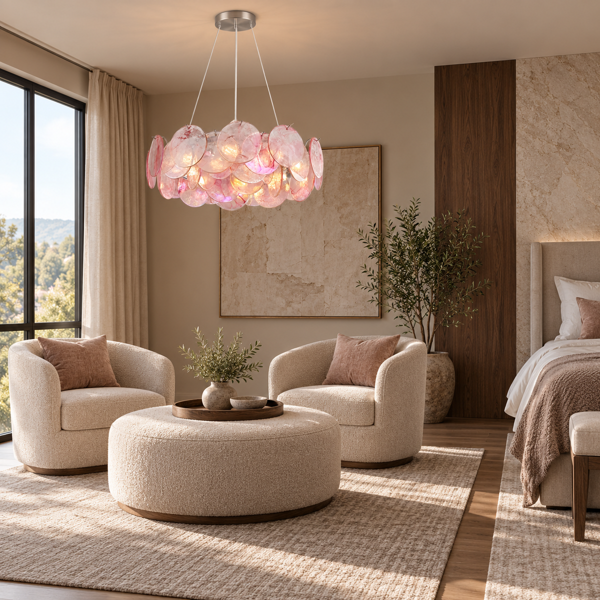 blush glass disc drum chandelier bedroom sitting area scene