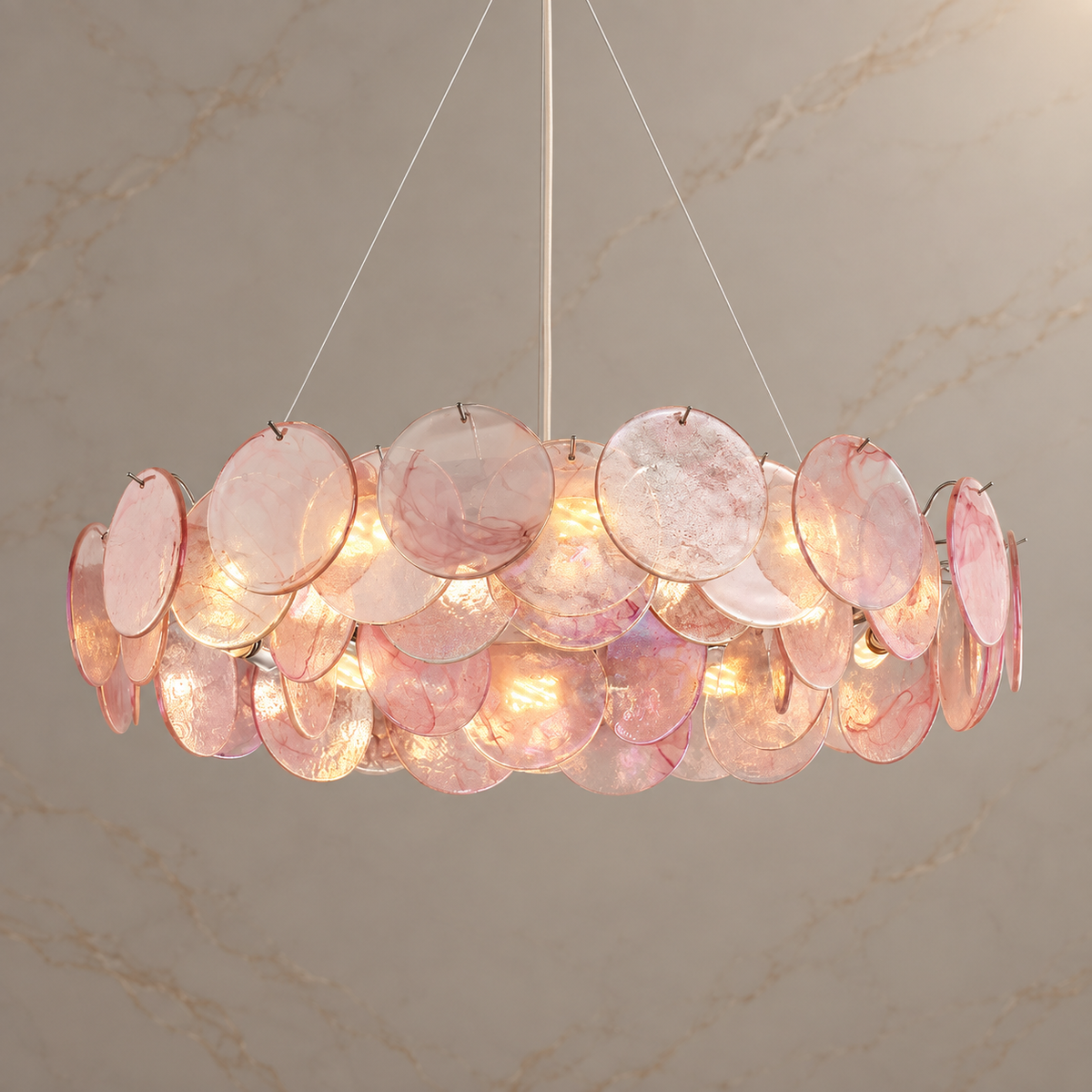 blush glass disc drum chandelier chrome 100x17cm light on