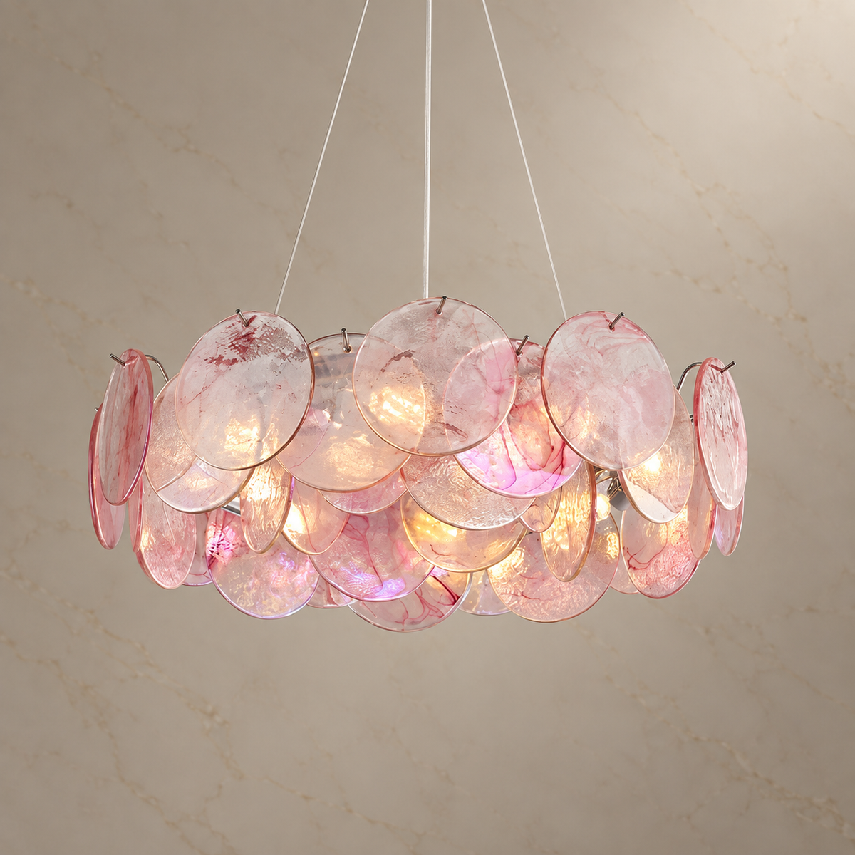 blush glass disc drum chandelier chrome 60x17cm light on