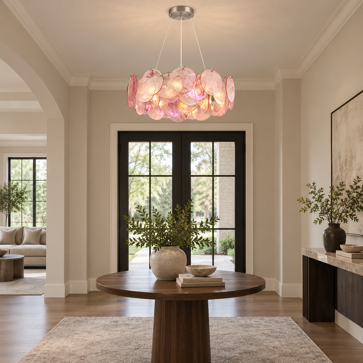 blush glass disc drum chandelier foyer scene