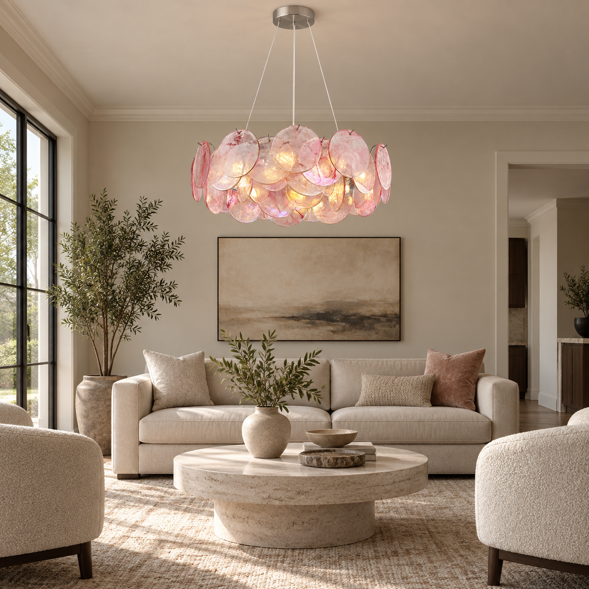 blush glass disc drum chandelier living room scene