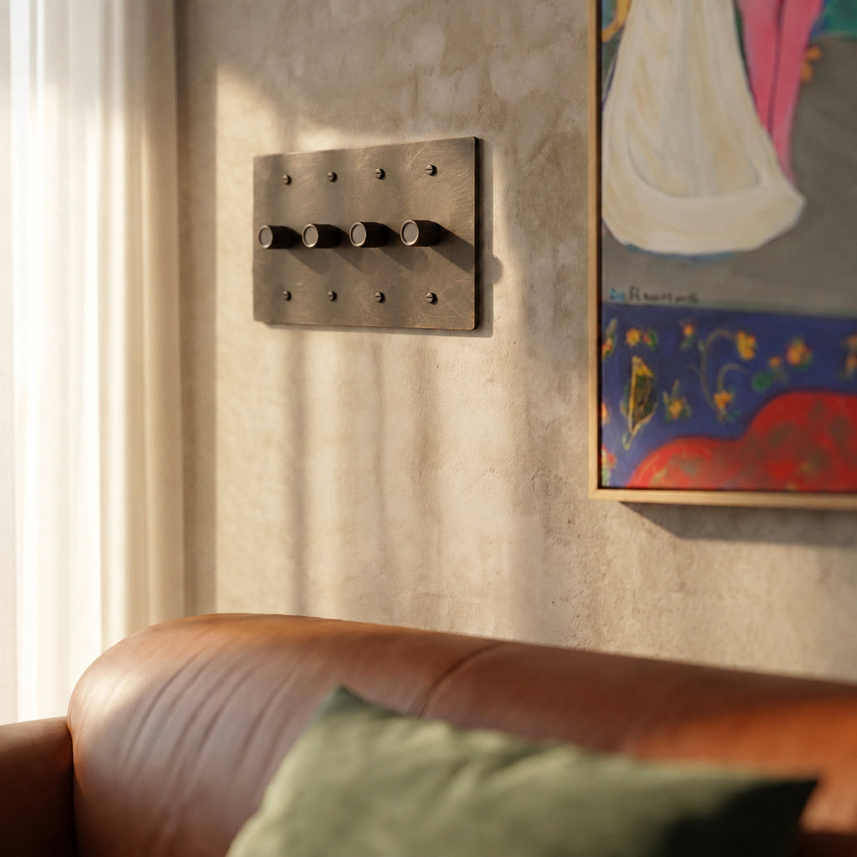 Brass Rotary Dimmer Switch installed in an interior, view 38 — seamless faceplate | CARRA HOME