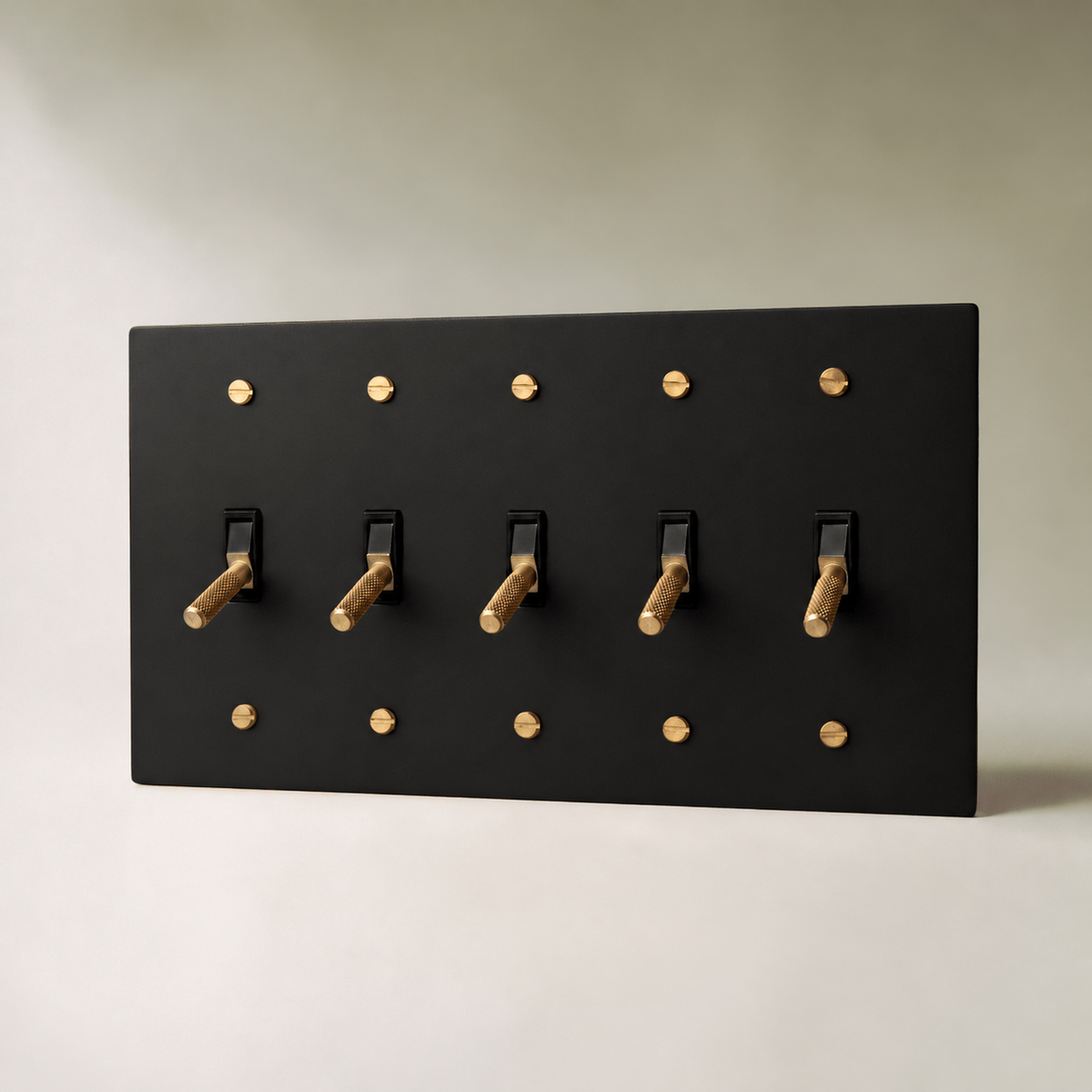 Brass Toggle Switch, Night Black with Brass 5 Gang product view — seamless faceplate | CARRA HOME