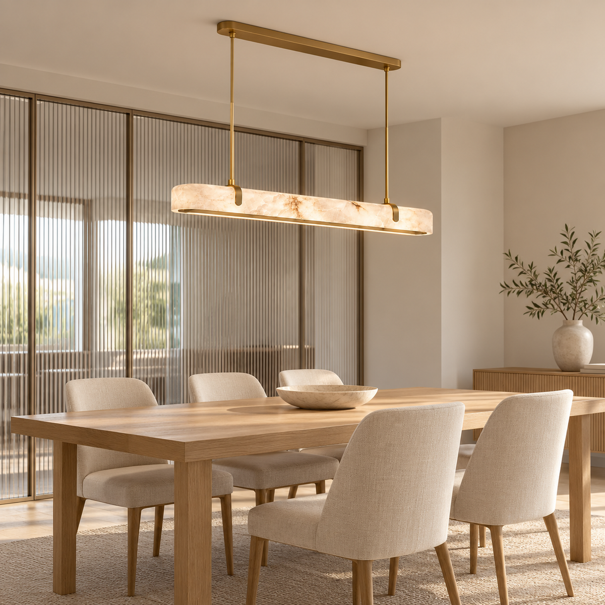 Calen Alabaster Linear Chandelier — Alabaster linear chandelier above a natural wood dining table | CARRA HOME