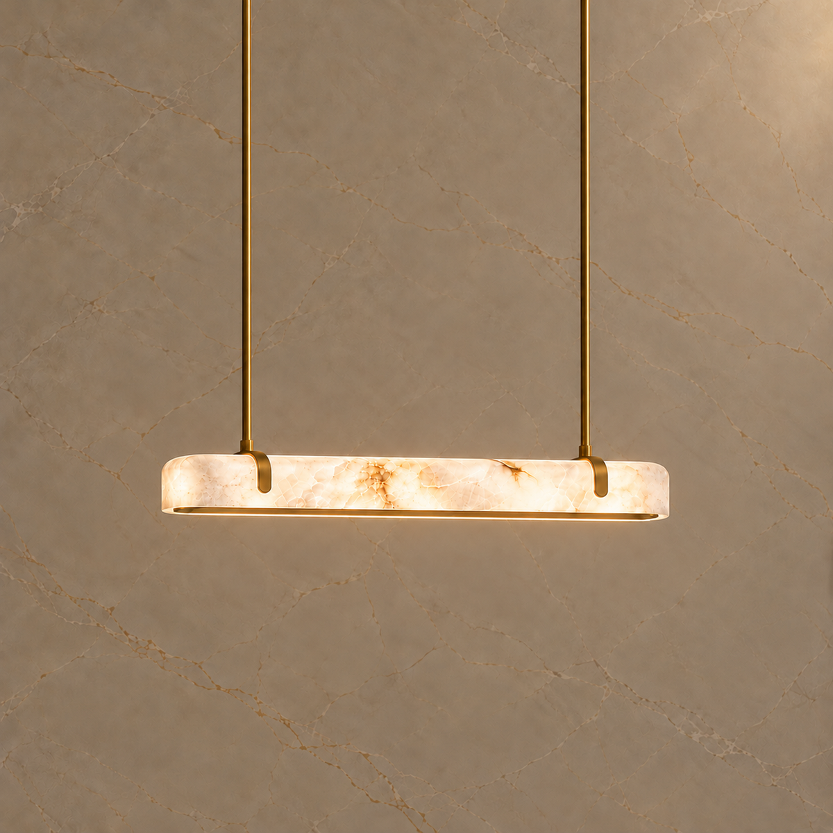Calen Alabaster Linear Chandelier gold 120cm light on | CARRA HOME