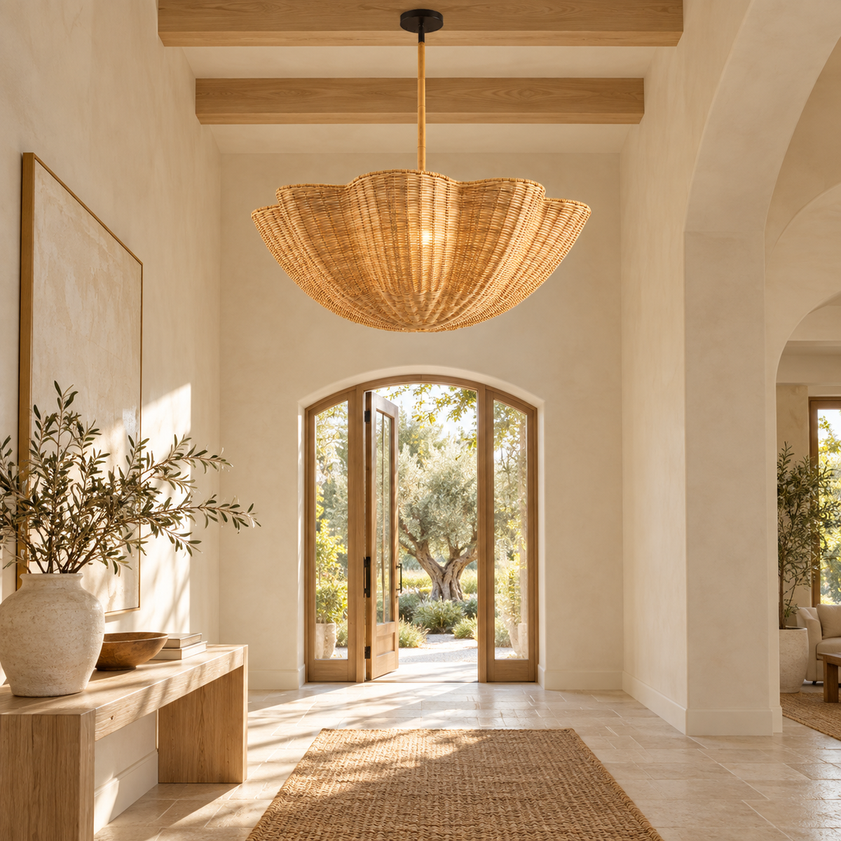 Calira natural rattan scalloped chandelier, foyer scene | CARRA HOME