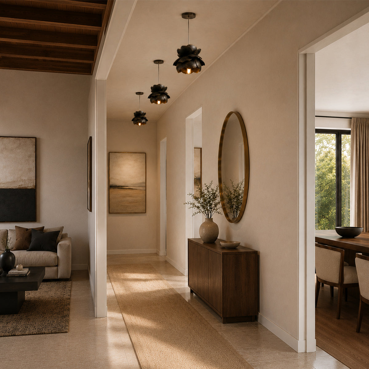 Camellia Metal Flower Pendant Light in a foyer