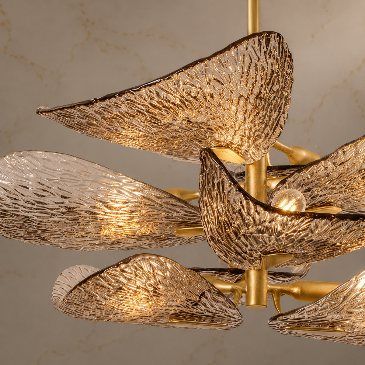 Cardiff textured glass leaf chandelier detail