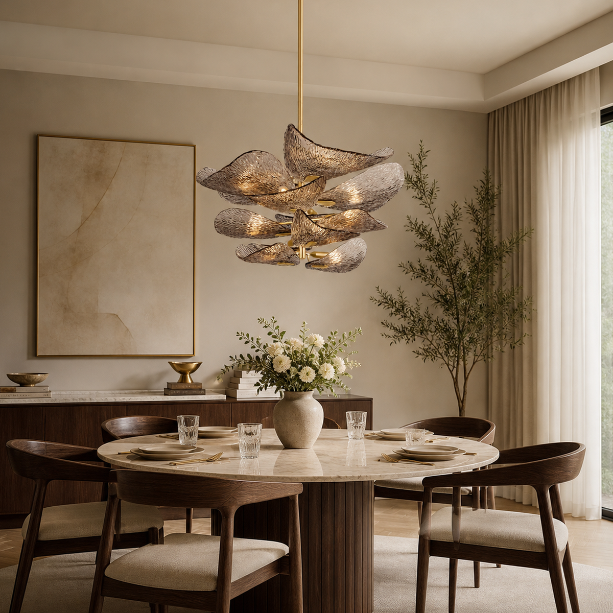 Cardiff gold glass leaf chandelier in dining room