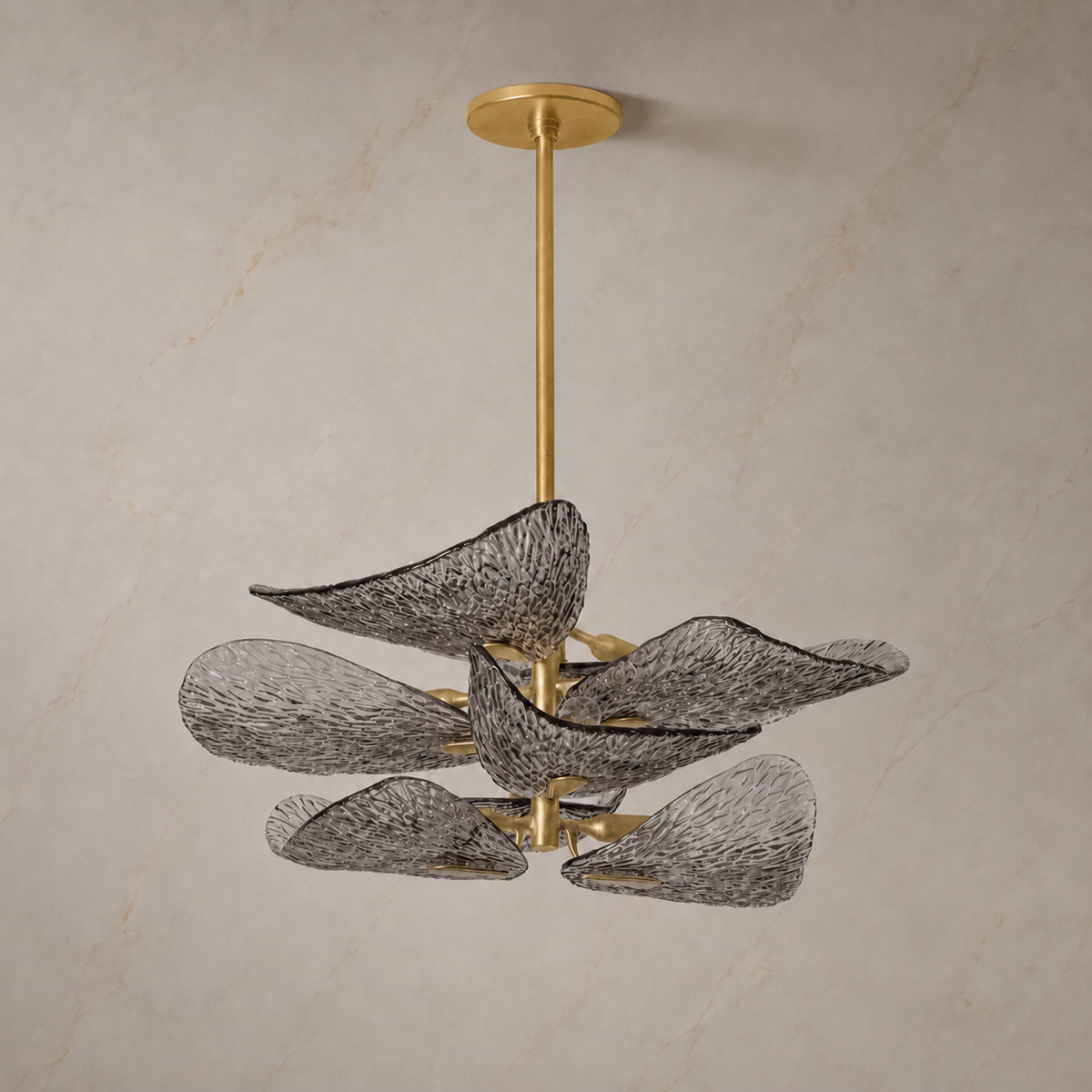 Cardiff vintage gold glass leaf semi-flush chandelier light off