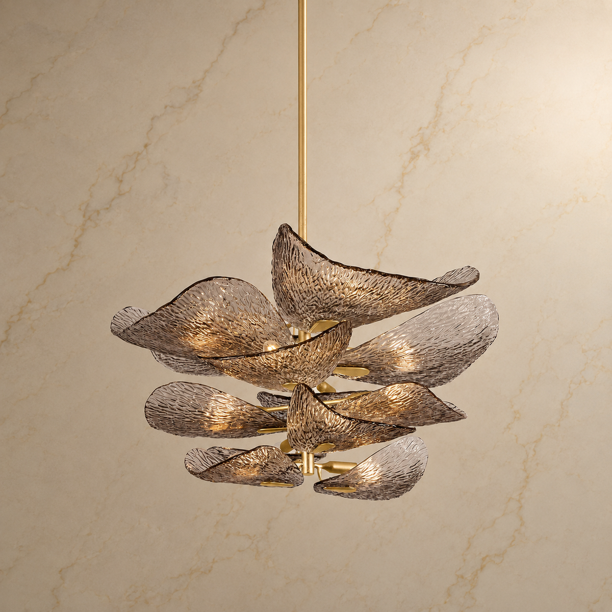 Cardiff vintage gold glass leaf chandelier illuminated