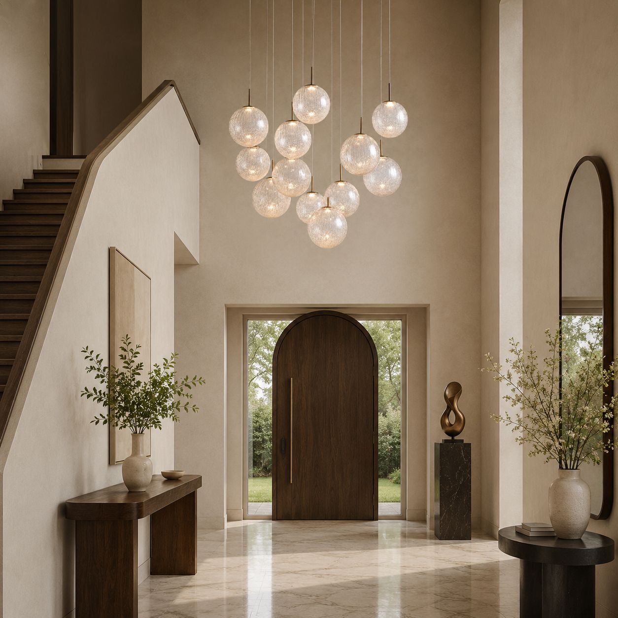Casen Chandelier in elegant foyer — arched double doors, polished marble floor, large abstract art, and cascading glass globes creating a welcoming focal point | Carra Home