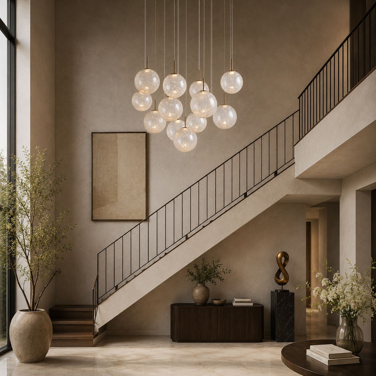 Casen Chandelier suspended over grand staircase — high ceilings, black wrought iron railing, natural light from windows, and sculptural glass orbs enhancing vertical space | Carra Home