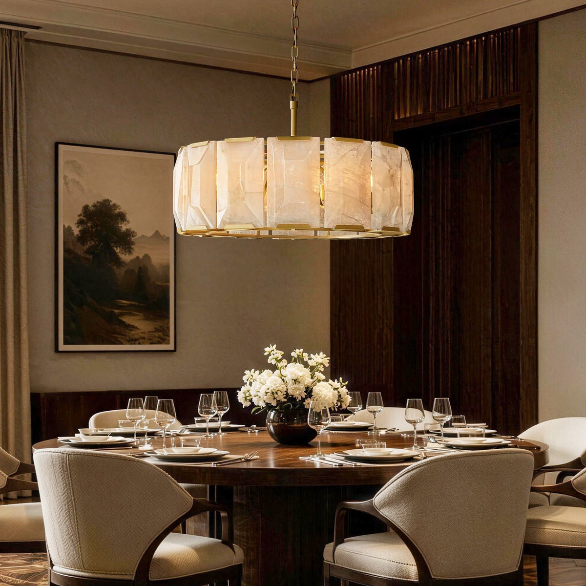 Celestique Alabaster Drum Chandelier above a dining table
