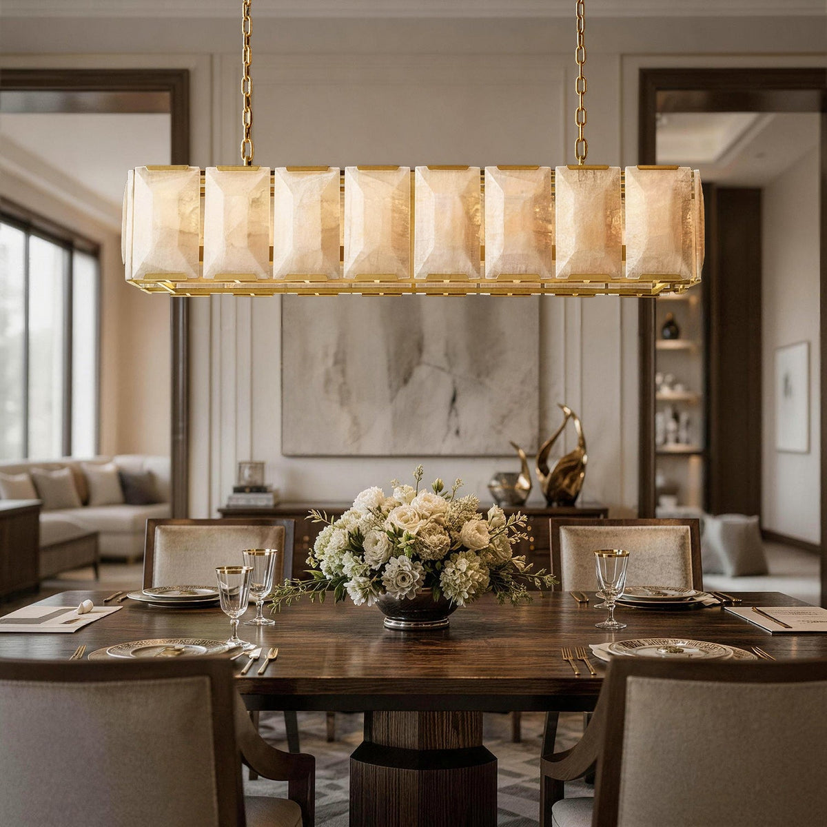 Celestique Alabaster Linear Chandelier above a dining table