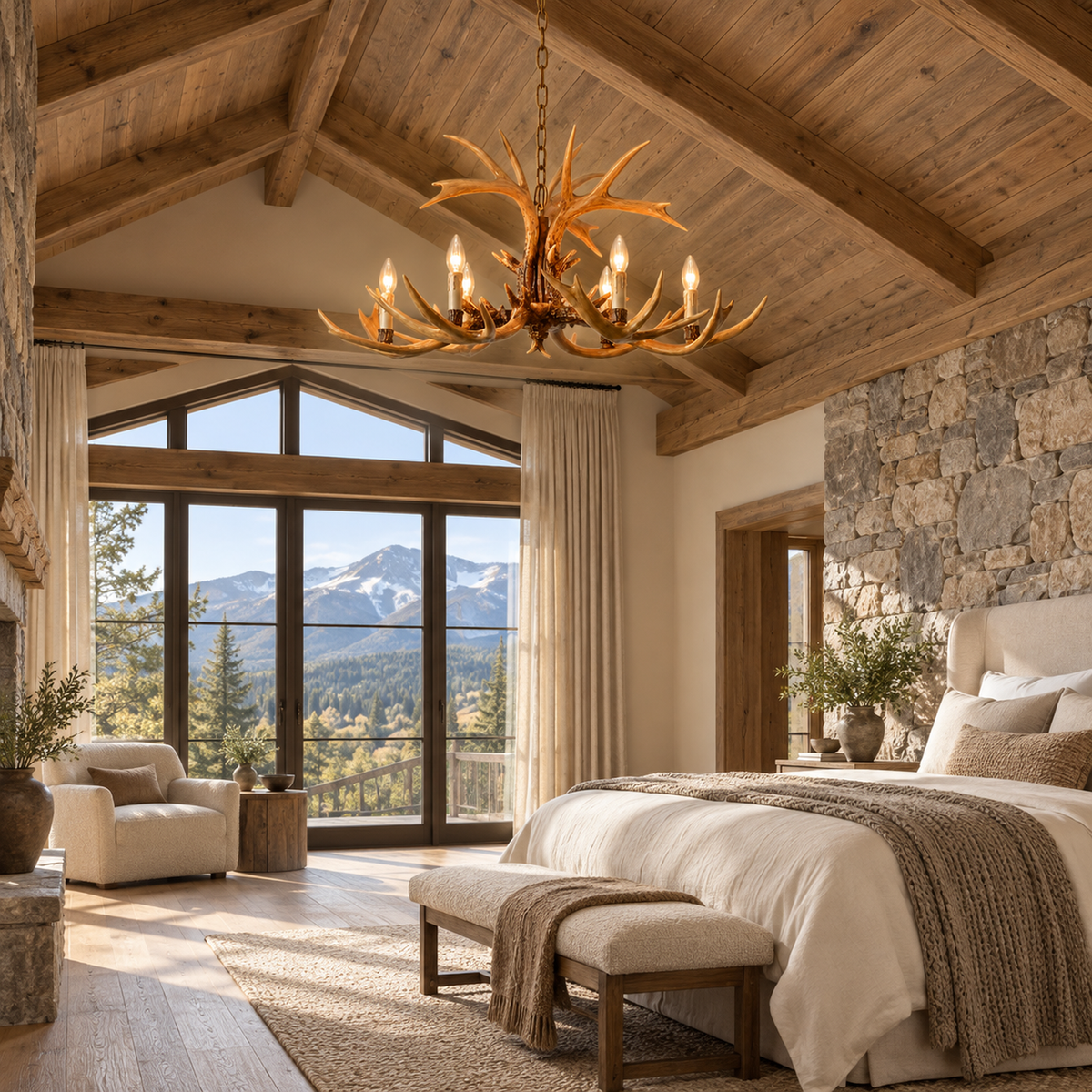 Cervan antler chandelier in a spacious high-ceiling bedroom | CARRA HOME