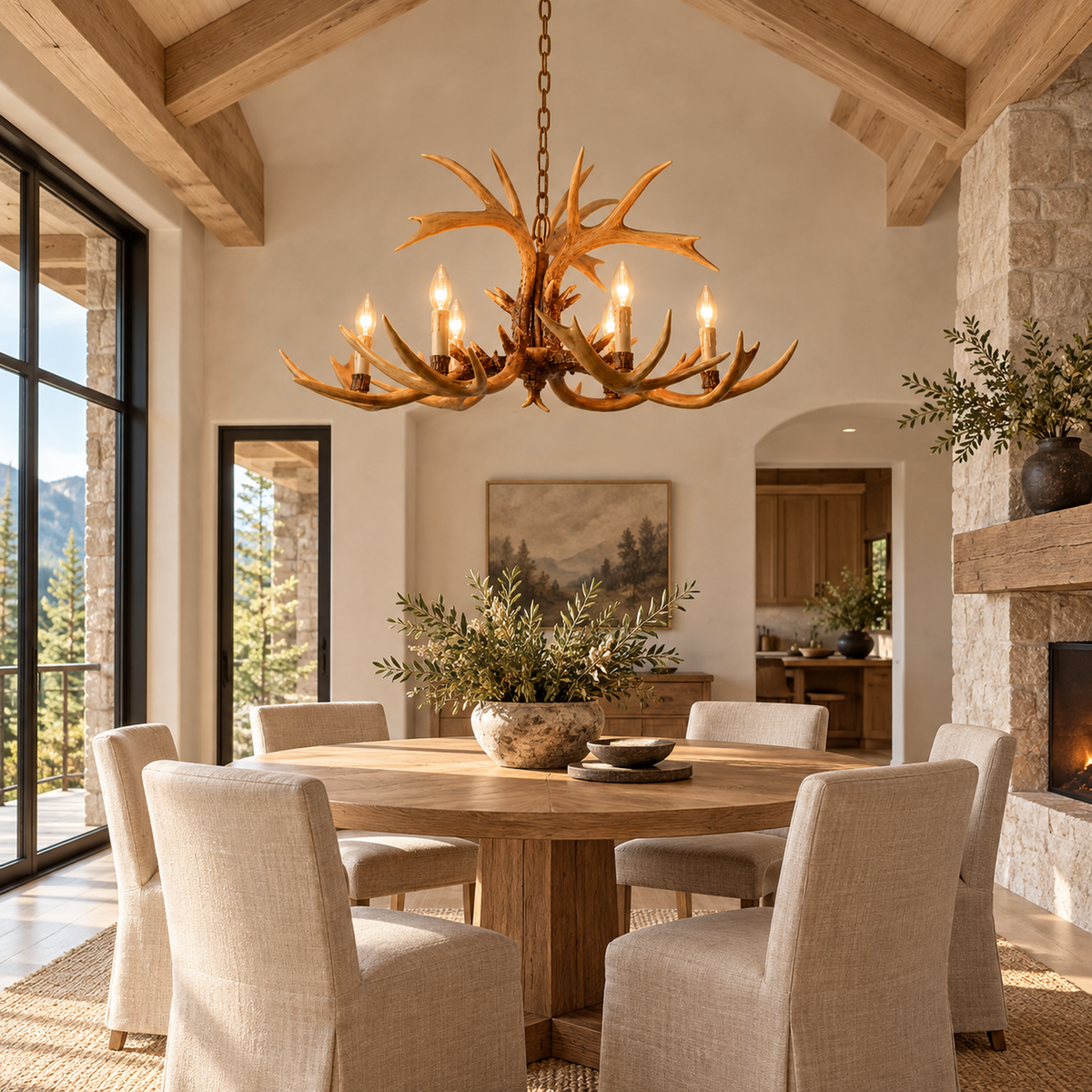 Cervan six-light antler chandelier above a round dining table | CARRA HOME