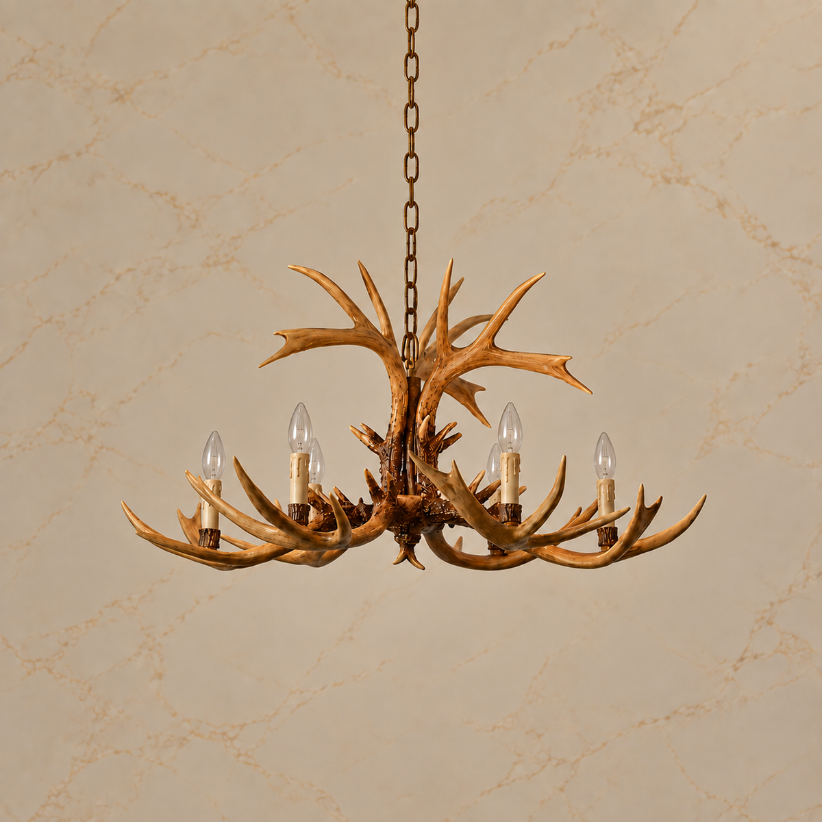 Cervan faux antler resin chandelier in beige, six lights off | CARRA HOME