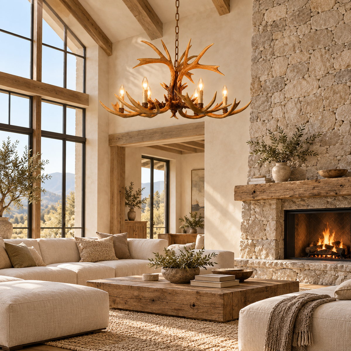 Cervan antler chandelier in a high-ceiling living room | CARRA HOME