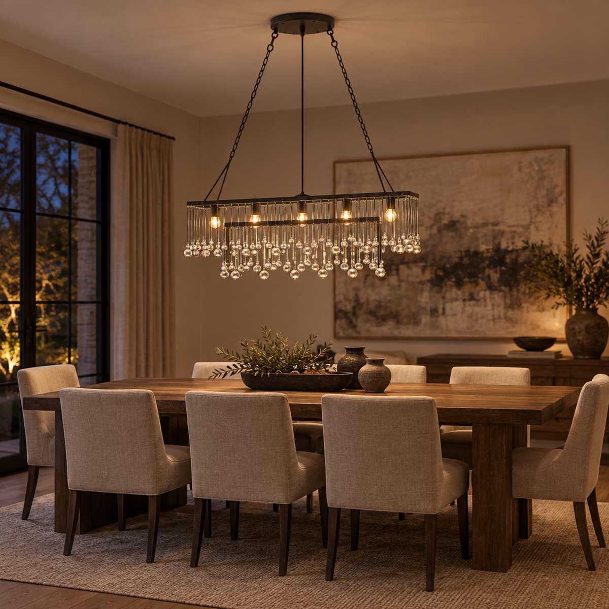 Clear crystal ball linear chandelier centered over a dining table