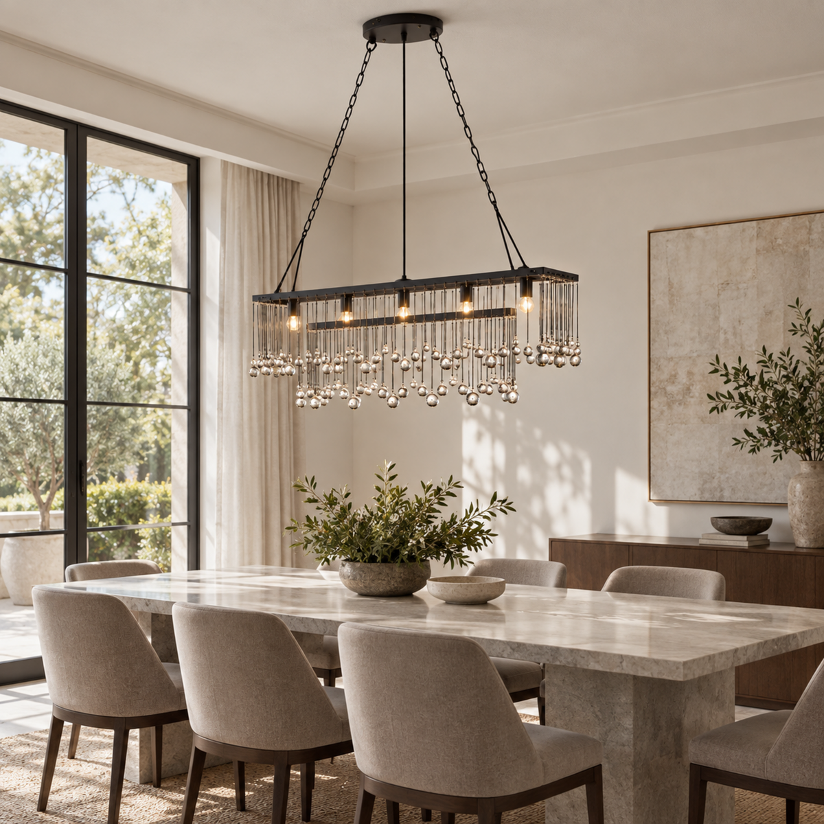 Black crystal ball linear chandelier in a dining room