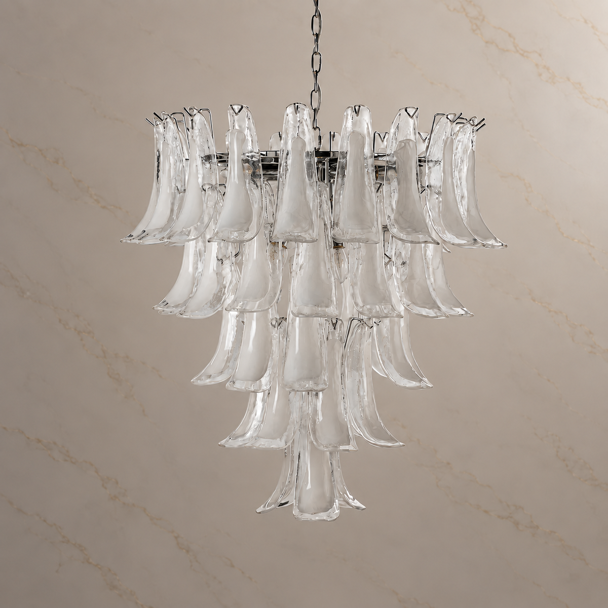 clear glass curved petal tiered chandelier chrome 66cm light off
