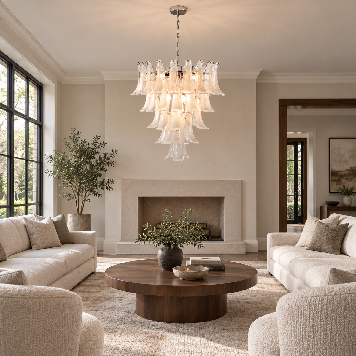 clear glass curved petal tiered chandelier living room scene