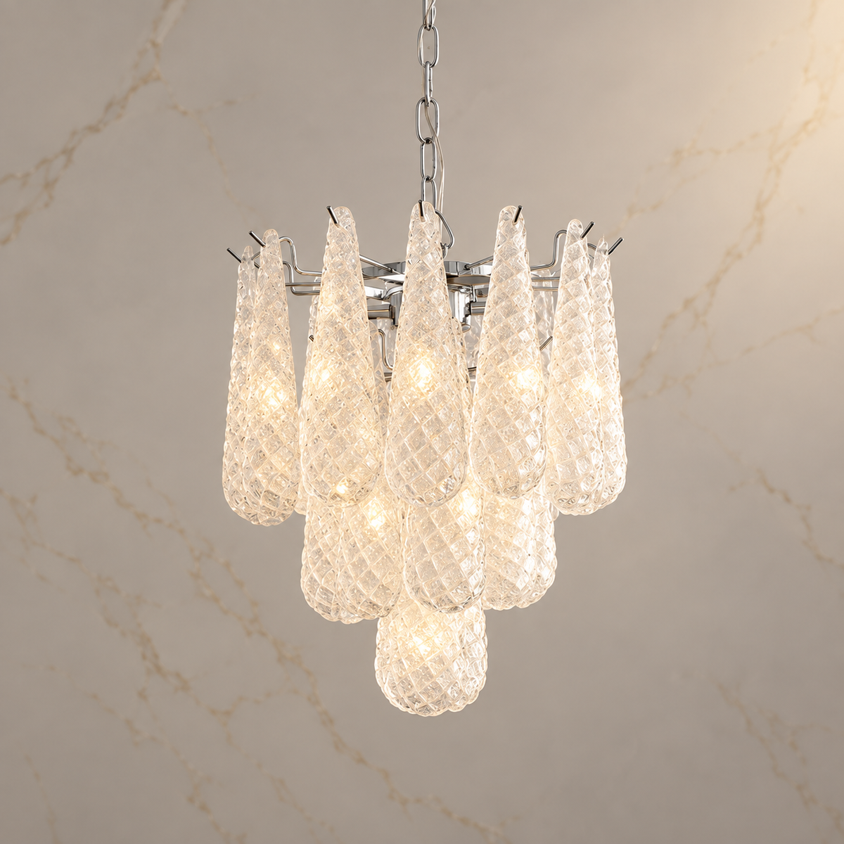 clear textured glass teardrop tiered chandelier chrome 40x57cm light on