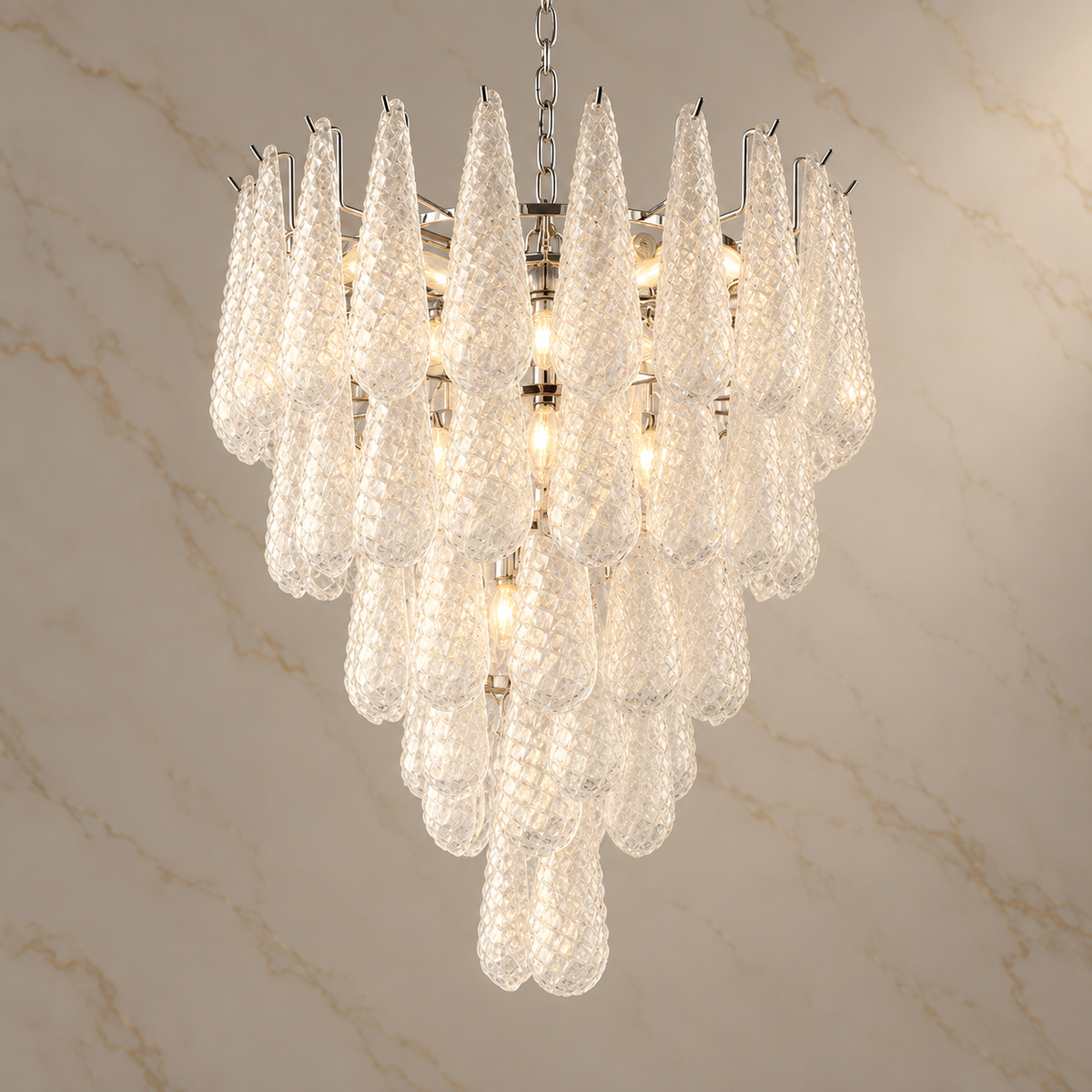 clear textured glass teardrop tiered chandelier chrome 65x87cm light on