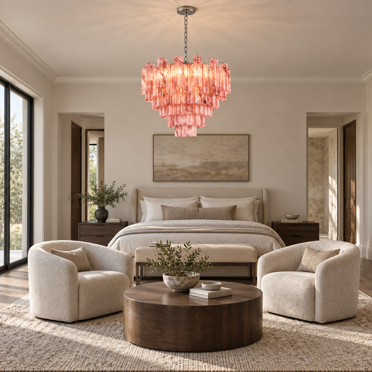 cloud pink glass tiered round chandelier bedroom sitting area scene