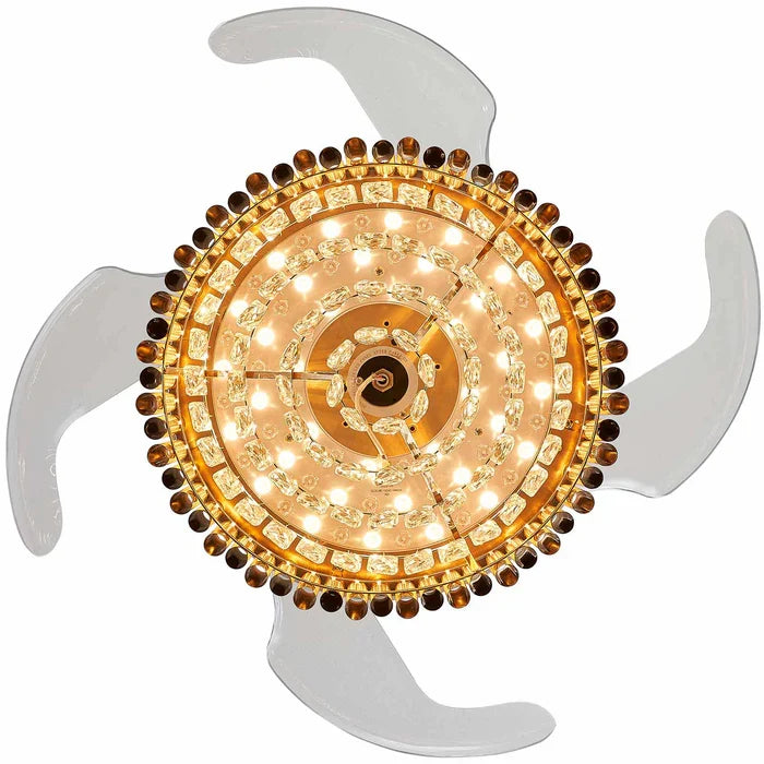 Bottom view detail of Crownelle Luxury K9 Crystal Retractable Ceiling Fan Chandelier — showcasing the circular LED light array and the edge of the retractable transparent blades