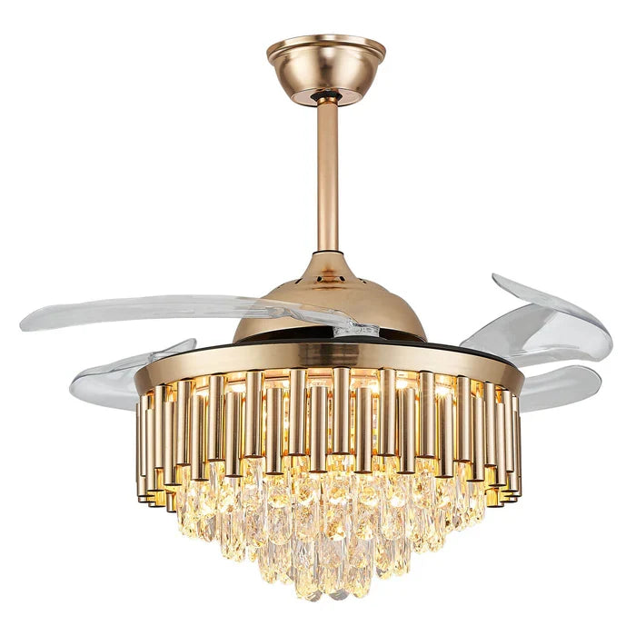 Crownelle Luxury K9 Crystal Retractable Ceiling Fan Chandelier with lights turned on — emitting a warm glow through the K9 crystals, highlighting the intricate design and creating a luxurious ambiance