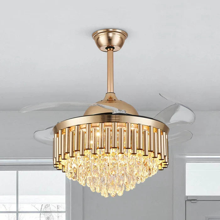 Crownelle Luxury K9 Crystal Retractable Ceiling Fan Chandelier — a golden ceiling fan with retractable transparent blades and cascading K9 crystals, shown in an off state against a white ceiling