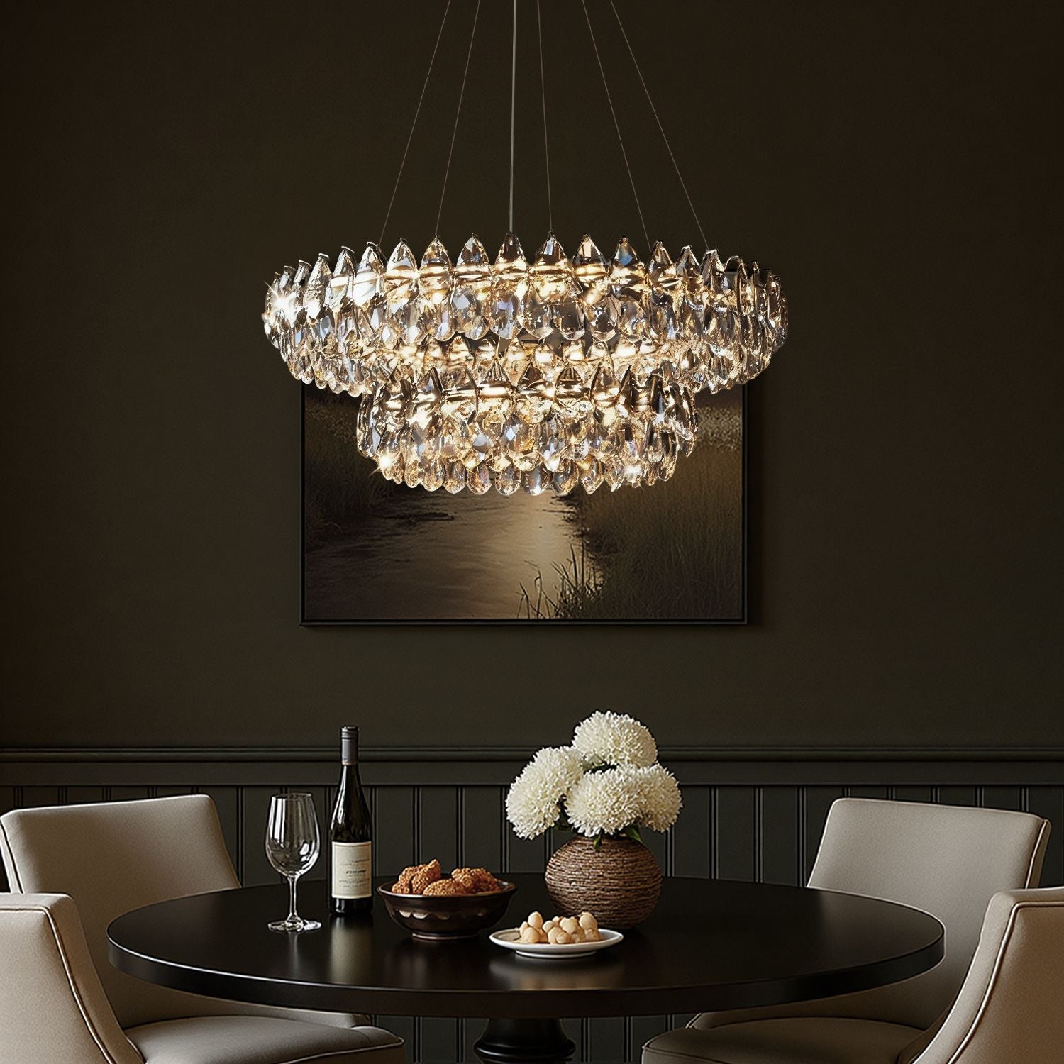 Crystal Dual Tier Water Drop Chandelier above a formal dining table — tufted chairs, floral centerpiece, and dark walls creating dramatic contrast | Carra Home