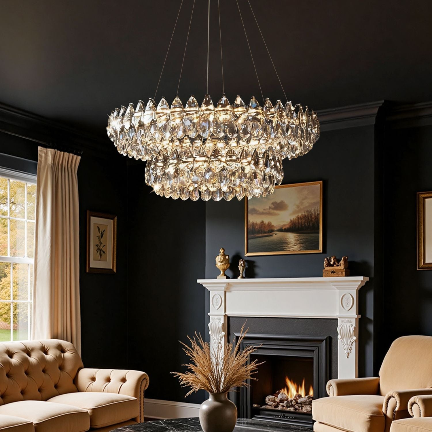 Crystal Dual Tier Water Drop Chandelier in a cozy living room — beige armchairs, potted plant, and layered textures under soft golden lighting | Carra Home