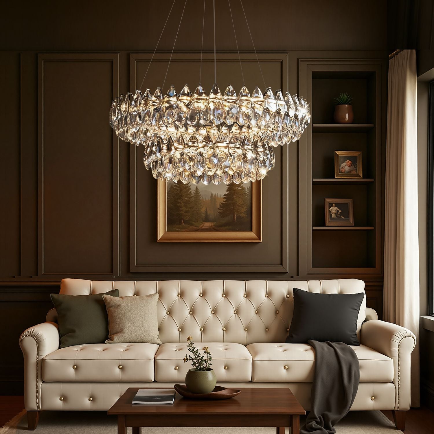 Crystal Dual Tier Water Drop Chandelier in a bright living room — cream sofa, gold accents, large abstract art, and natural light from tall windows | Carra Home