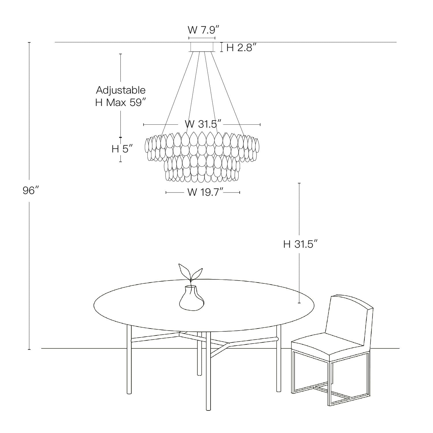 Crystal Dual Tier Water Drop Chandelier dimensions — Width 31.5", Height 5" (adjustable up to 59"), ideal for dining rooms, living spaces, and foyers with sloped or flat ceilings | Carra Home