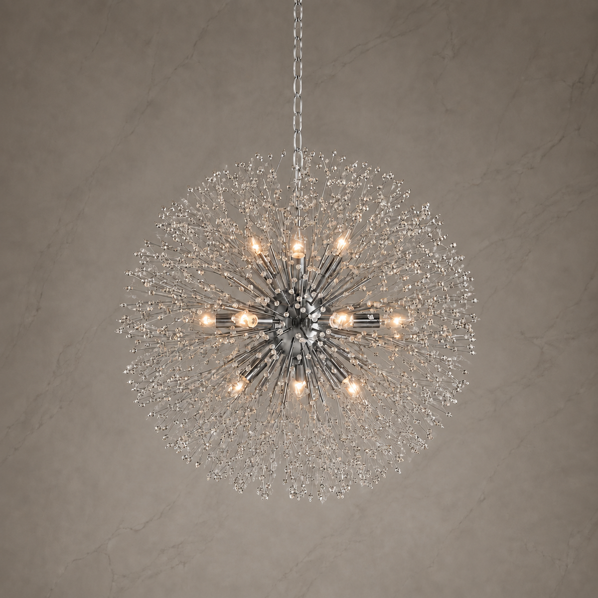 Dandelion crystal round chandelier in Chrome, 16 lights, illuminated