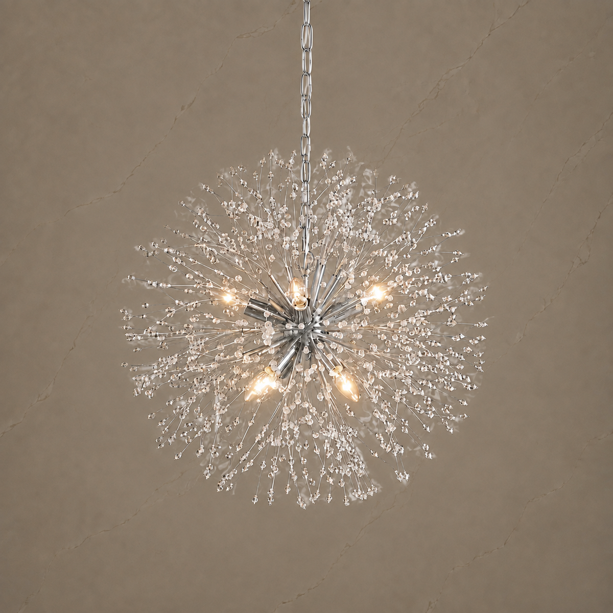 Dandelion crystal round chandelier in Chrome, 9 lights, illuminated