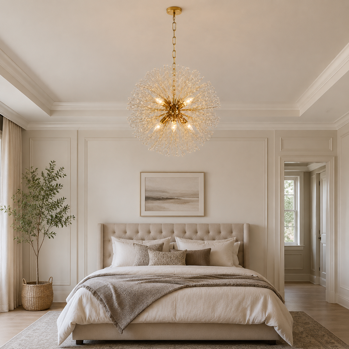 Dandelion crystal round chandelier in a bedroom